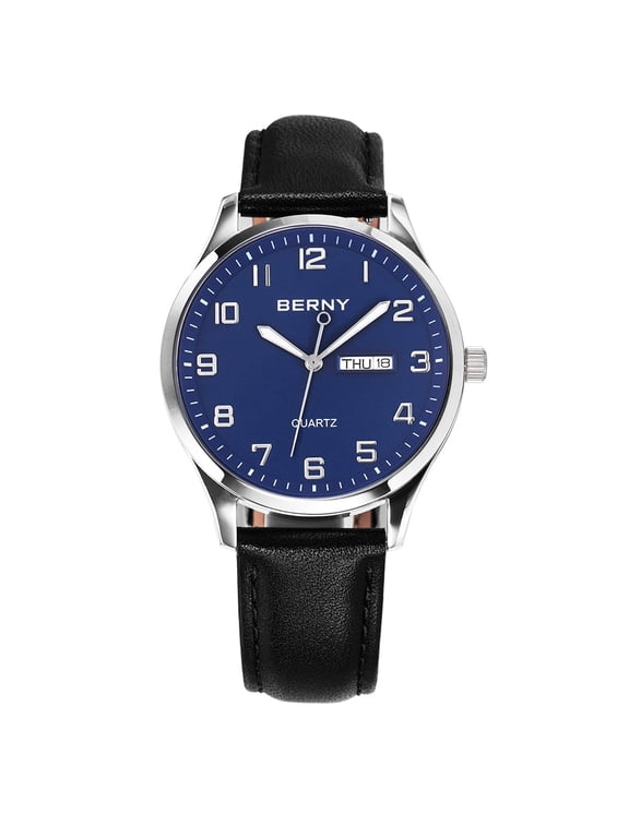 Modern Quartz Watch for Men Casual Easy Read Wristwatch with Arabic Numeral Watch Dial, Genuine Leather Strap and Day & Date Calendar-Blue Dial