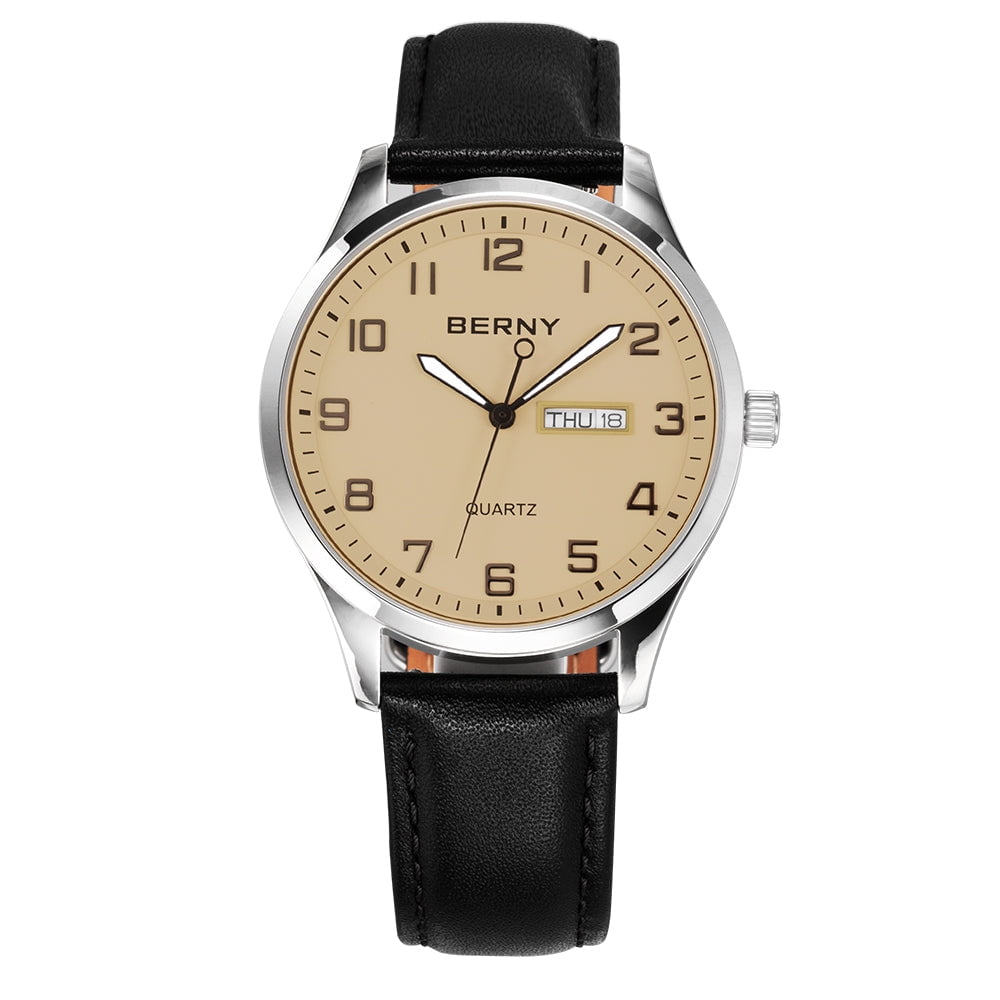 BERNY Modern Quartz Watch for Men Casual Easy Read Wristwatch with Arabic Numeral Watch Dial, Genuine Leather Strap and Day & Date Calendar-Gray Dial