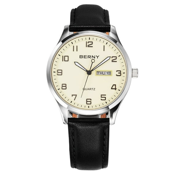 BERNY Modern Quartz Watch for Men Casual Easy Read Wristwatch with Arabic Numeral Watch Dial, Genuine Leather Strap and Day & Date Calendar-Yellow Dial