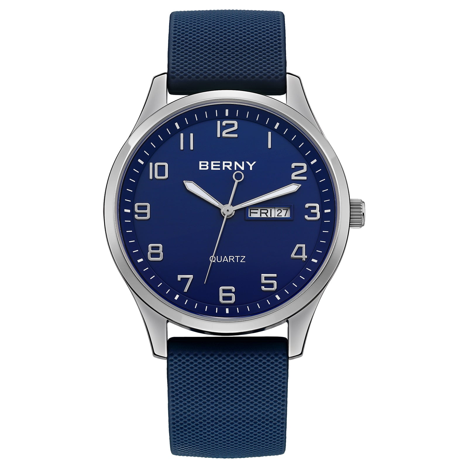 BERNY Modern Quartz Watch for Men Casual Easy Read Wristwatch with Arabic Numeral Watch Dial, Silicone Strap and Day & Date Calendar-Blue Dial