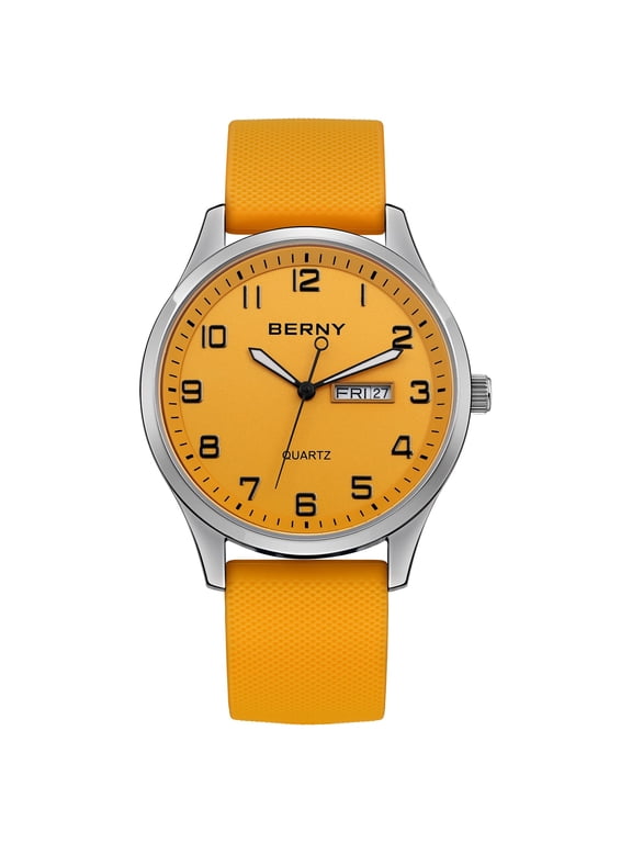 Modern Quartz Watch for Men Casual Easy Read Wristwatch with Arabic Numeral Watch Dial, Silicone Strap and Day & Date Calendar-Orange Dial