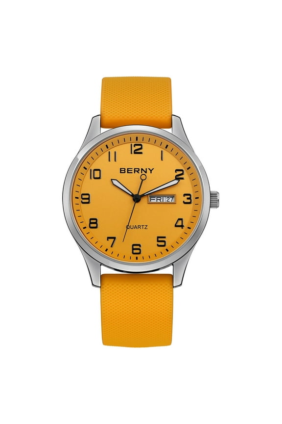 Modern Quartz Watch for Men Casual Easy Read Wristwatch with Arabic Numeral Watch Dial, Silicone Strap and Day & Date Calendar-Orange Dial