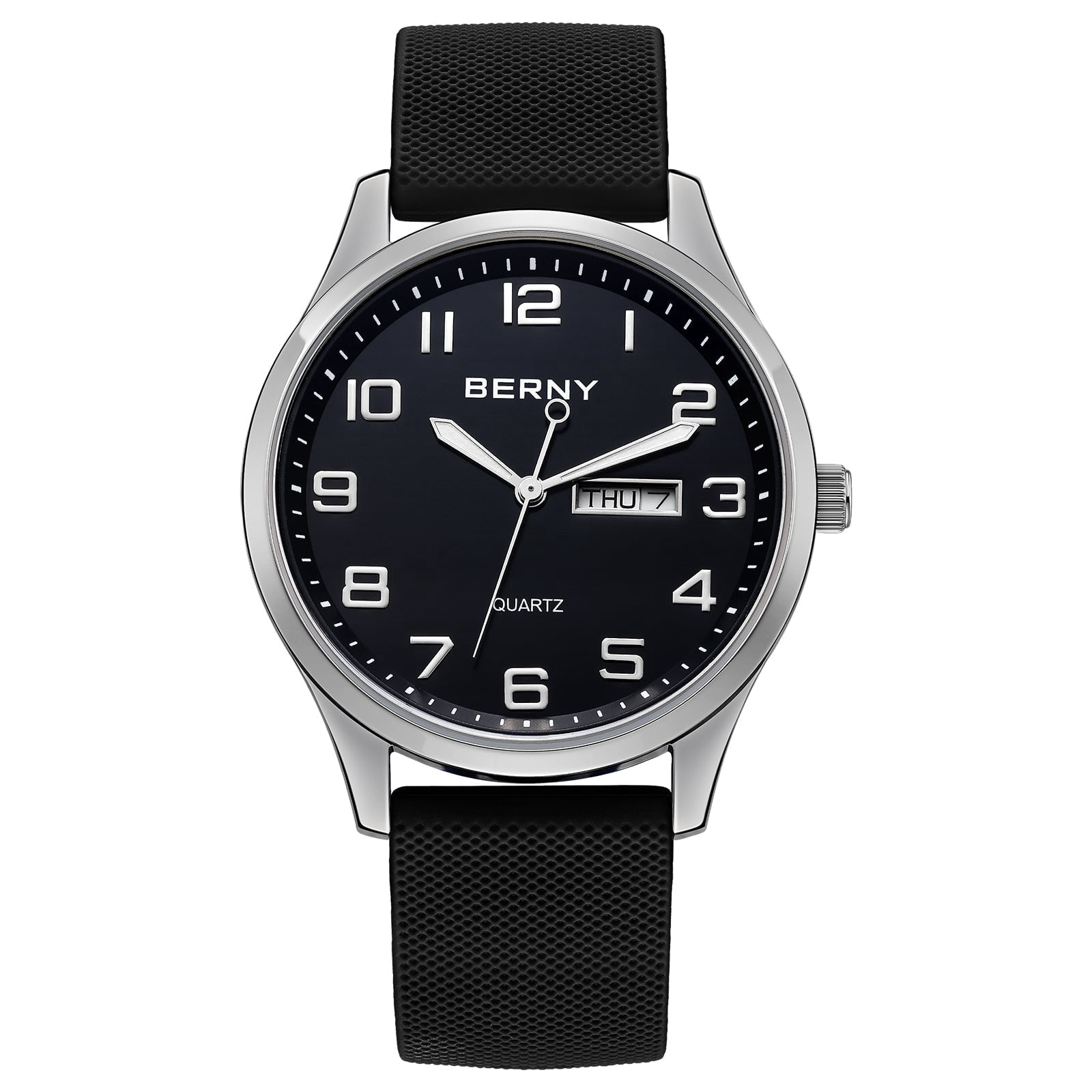 BERNY Modern Quartz Watch for Men Casual Easy Read Wristwatch with Arabic Numeral Watch Dial, Silicone Strap and Day & Date Calendar-Black Dial