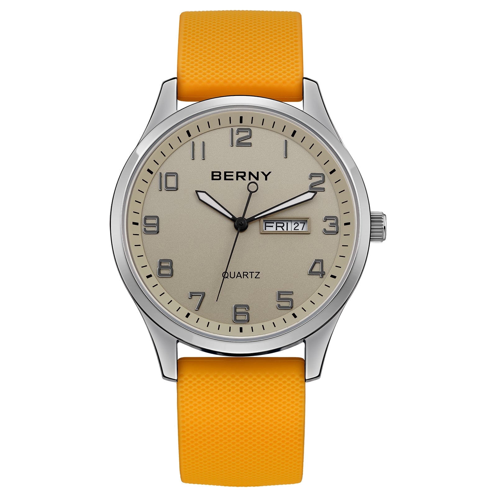 BERNY Modern Quartz Watch for Men Casual Easy Read Wristwatch with Arabic Numeral Watch Dial, Silicone Strap and Day & Date Calendar-Gray Dial