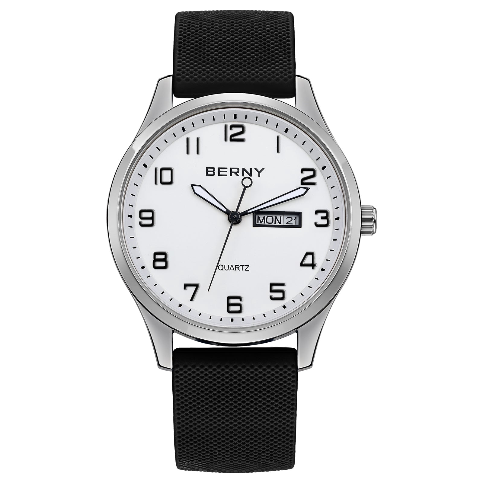 BERNY Modern Quartz Watch for Men Casual Easy Read Wristwatch with Arabic Numeral Watch Dial, Silicone Strap and Day & Date Calendar-White Dial