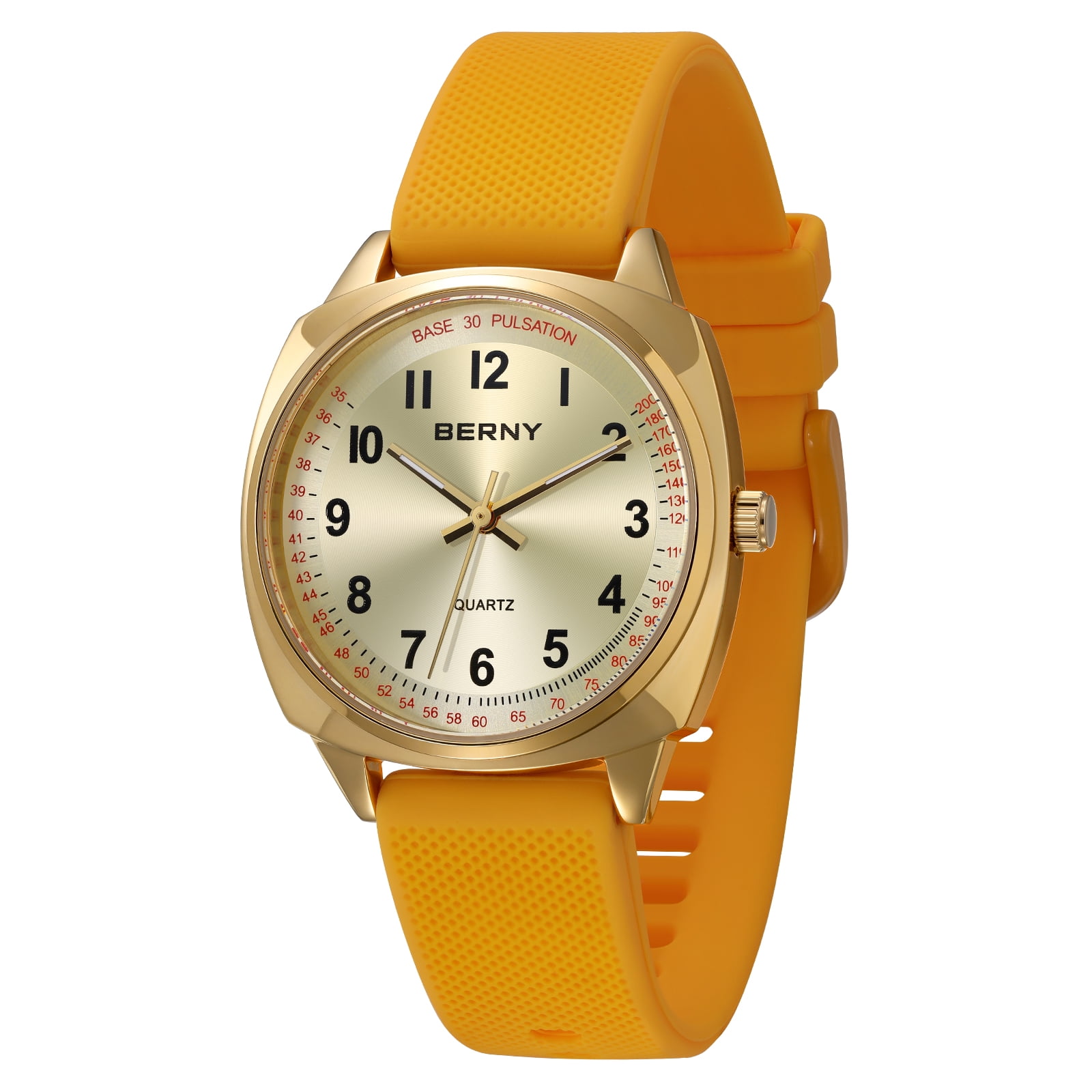 BERNY Nurse Watch for Women, Fashion Ladies Analog Quartz Watch with Silicone Strap, Pulse Meter Function, 3ATM Waterproof Womens Wristwatch, Easy Read Numerals Nursing Watch Gift, Yellow