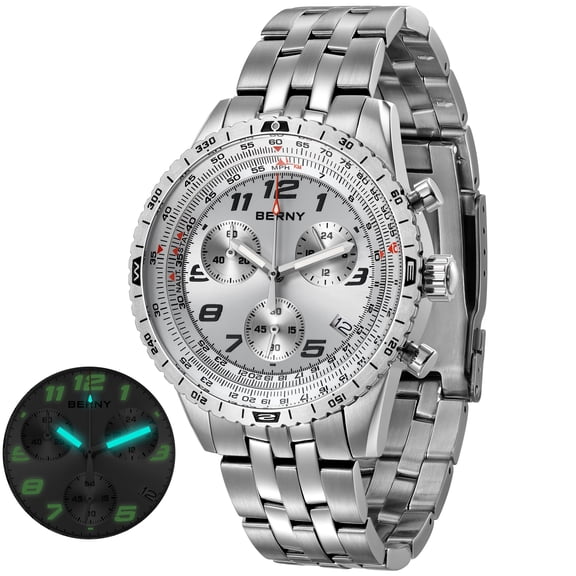 BERNY Quartz Watch for Men, Sport Military Wristwatch with Multi-Function Sub-Dials, Stainless Steel Band, 3ATM Waterproof, Business Men's Chronograph Watch, White