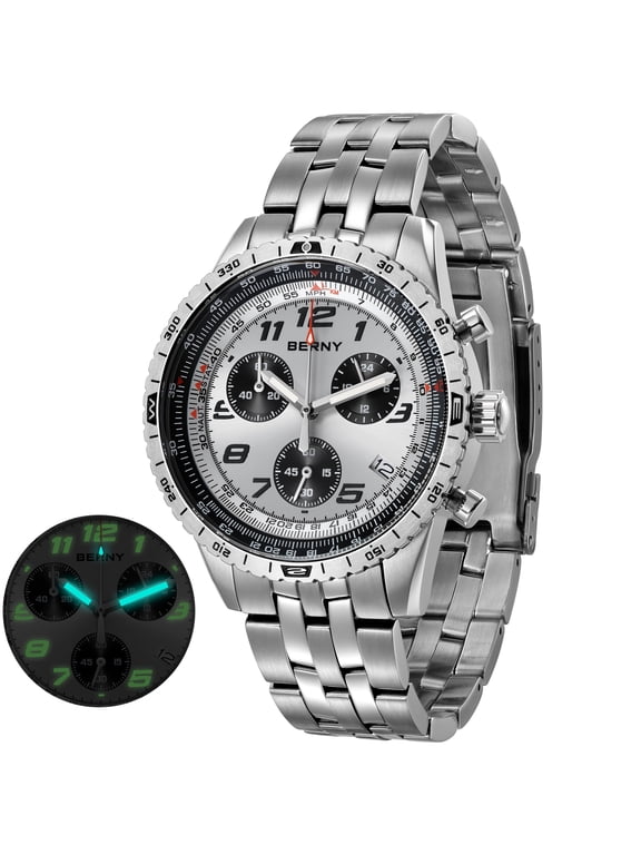 Silver Chronograph Watches for Men, Sport Luxury Analog Quartz Watch with Tachymeter, Stainless Steel, Waterproof, Luminous, Sapphire Crystal, Date Calender, Men's Wristwatch, Silver