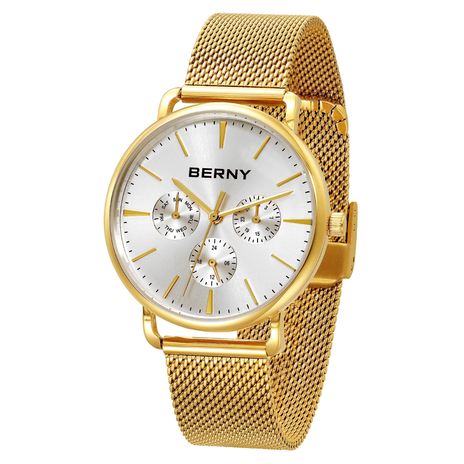 BERNY Quartz Watch for Unisex ( Men and Women), Classic Waterproof Men's Wirstwatch with Multifunctional Dials, Quick Release Stainless Steel Mesh Band,Gold &Silver