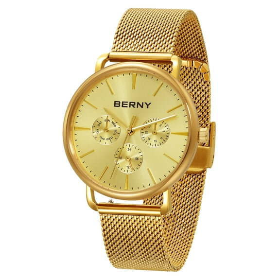 BERNY Quartz Watch for Unisex ( Men and Women), Classic Waterproof Men's Wirstwatch with Multifunctional Dials, Quick Release Stainless Steel Mesh Band, Gold Dial