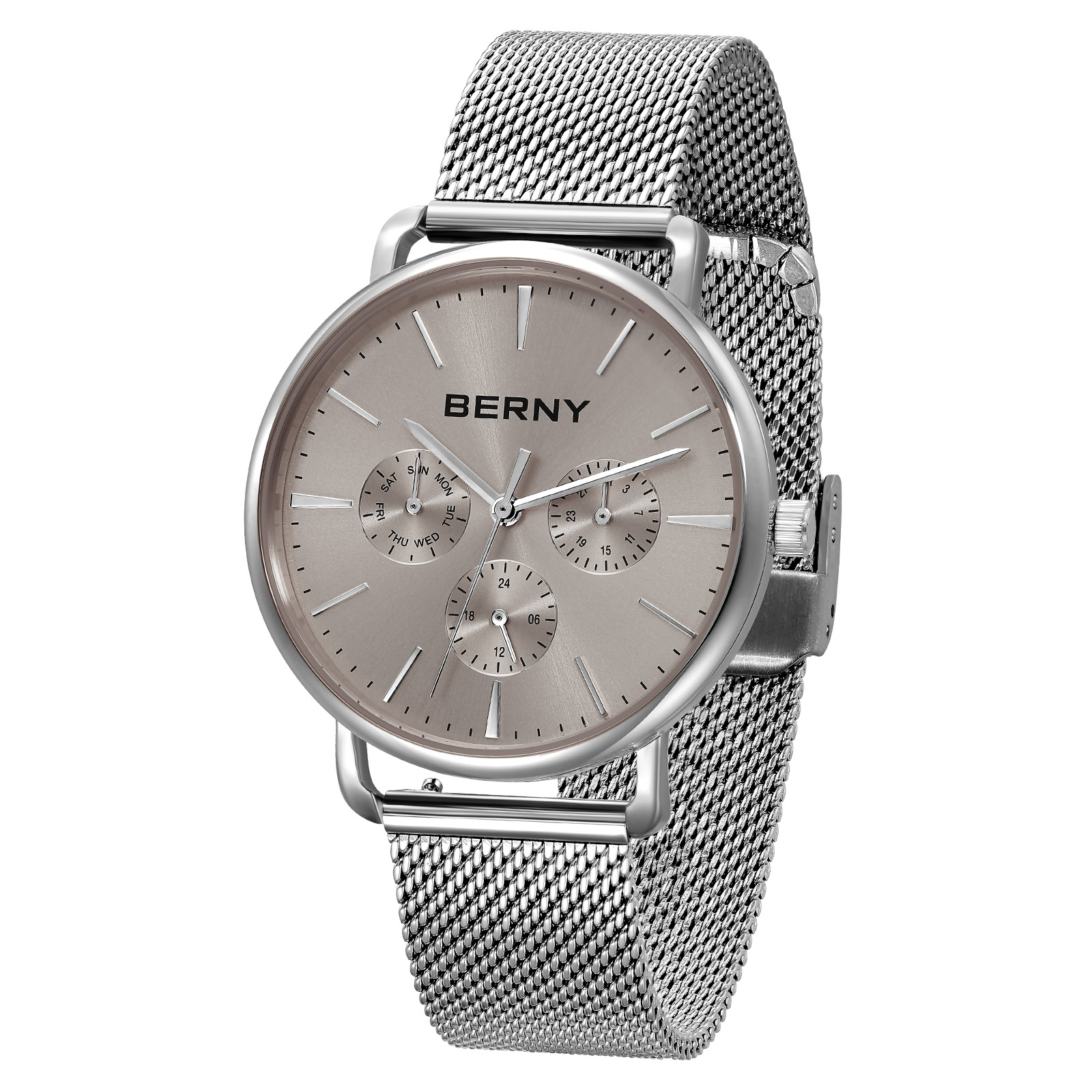 BERNY Quartz Watch for Unisex ( Men and Women), Classic Waterproof Men's Wirstwatch with Multifunctional Dials, Quick Release Stainless Steel Mesh Band, Gray Dial