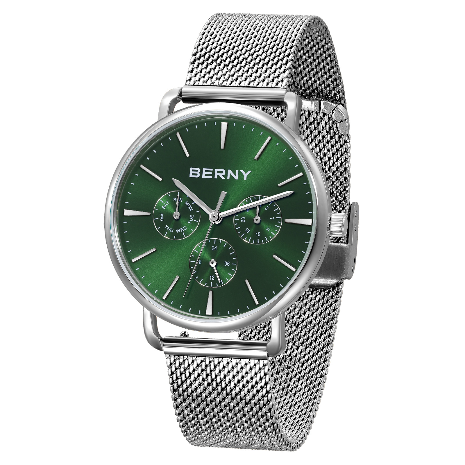 BERNY Quartz Watch for Unisex ( Men and Women), Classic Waterproof Men's Wirstwatch with Multifunctional Dials, Quick Release Stainless Steel Mesh Band, Green Dial