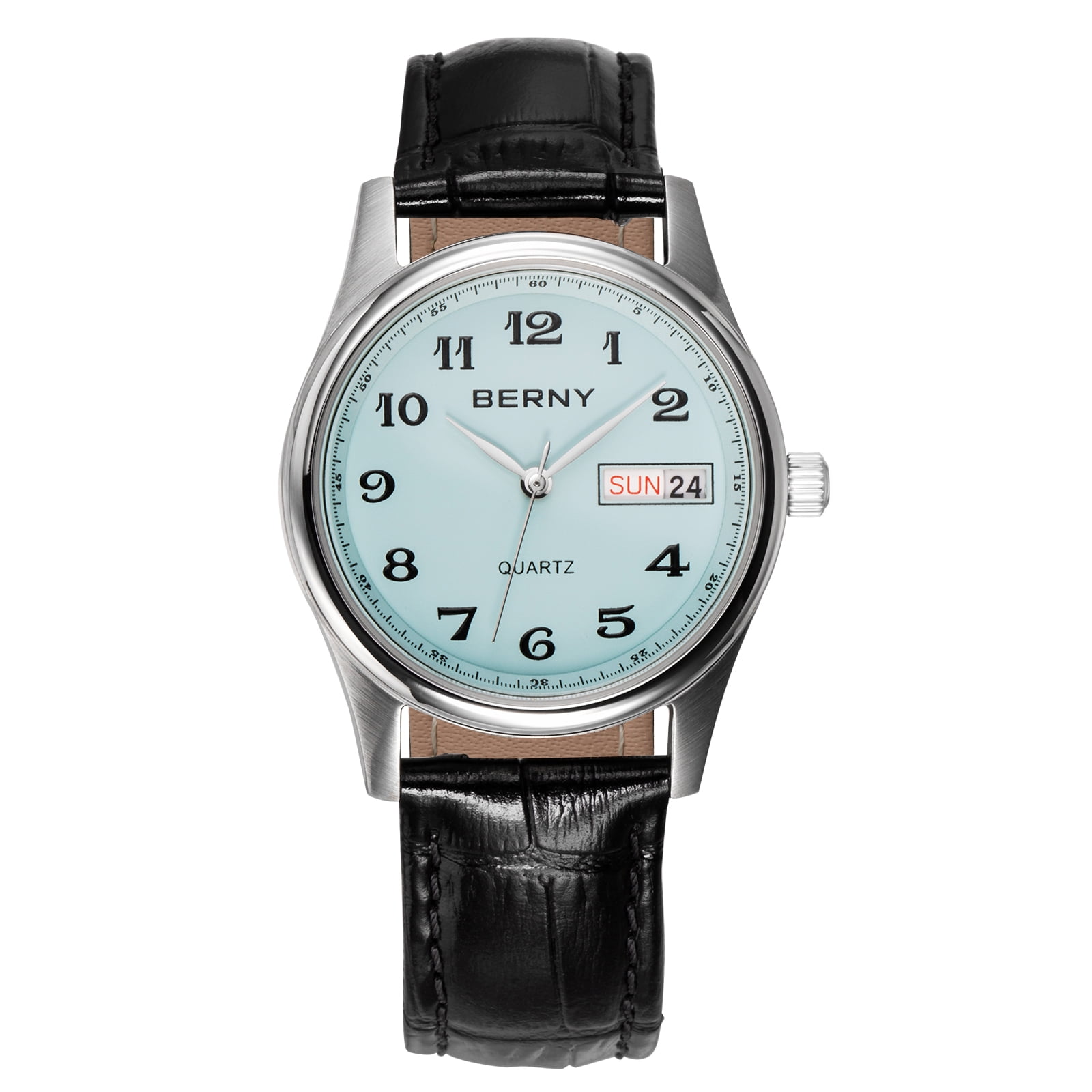 BERNY Quartz Watch for Women Classic Arabic Numerals Easy to Read Dress Womens Wrist Watch with Leather Strap, 3ATM Waterproof Day & Date Calendar Gift watch -Light Blue Dial