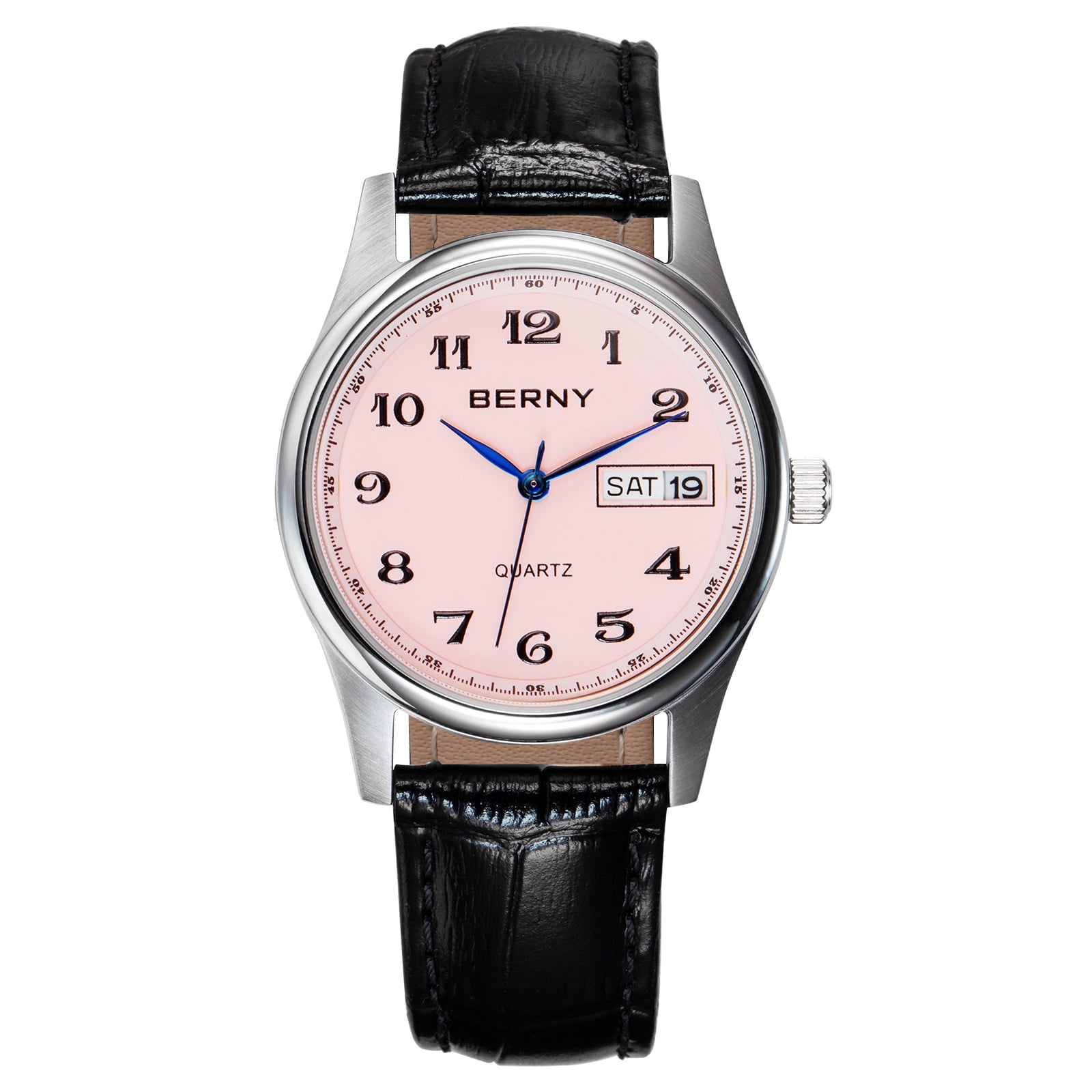 BERNY Watch for Women, Fashion Women's Wrist Watch with Leather Strap, Arabic Numerals Dial, Day & Date Calendar, 3ATM Waterproof, Classic Analog Ladies Quartz Watch, Pink