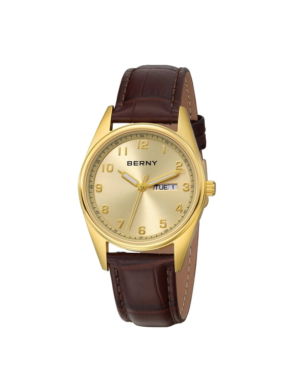 Quartz Watch for Men, Classic Leather Watch with Day & Date Calendar, Easy to Read, Waterproof, Business Casual Analog Mens Wrist Watch, Gold