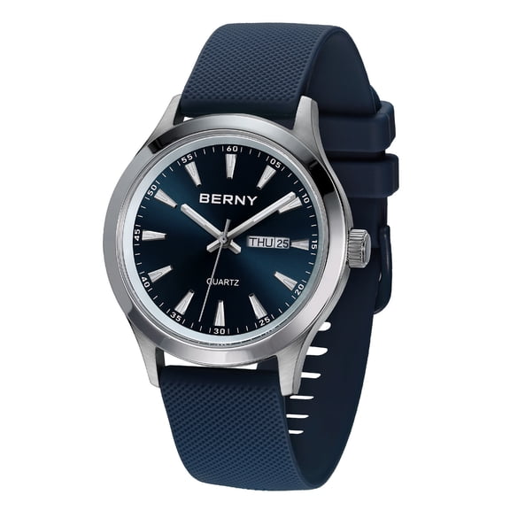 BERNY Quartz Watch for Men, Fashion Sports Men Watches with Silicone Strap, Date & Day Calendar, Casual Waterproof Men's Watch, Blue