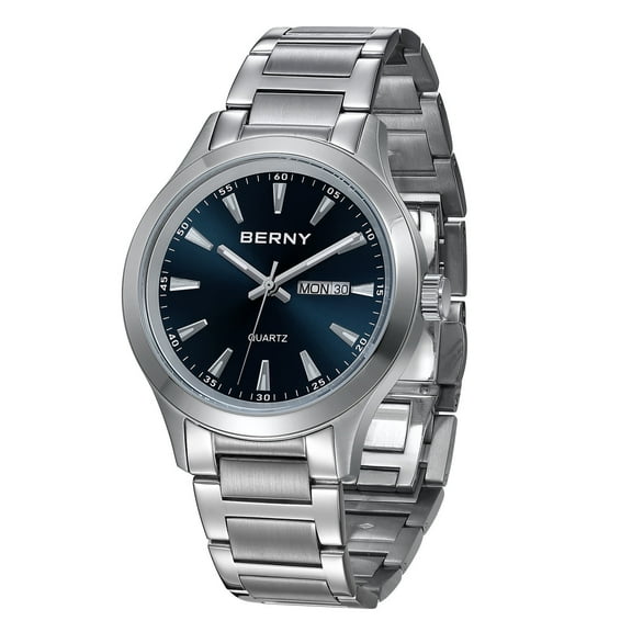 BERNY Quartz Watch for Men, Fashion Sports Wrist Watches with Solid Stainlesss Steel Case & Band, Date & Day Calendar, Casual Waterproof Men's Watches, Blue