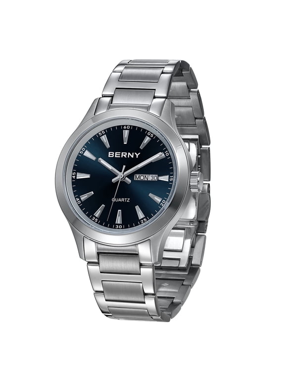 Quartz Watch for Men, Fashion Sports Wrist Watches with Solid Stainlesss Steel Case & Band, Date & Day Calendar, Casual Waterproof Men's Watches, Blue
