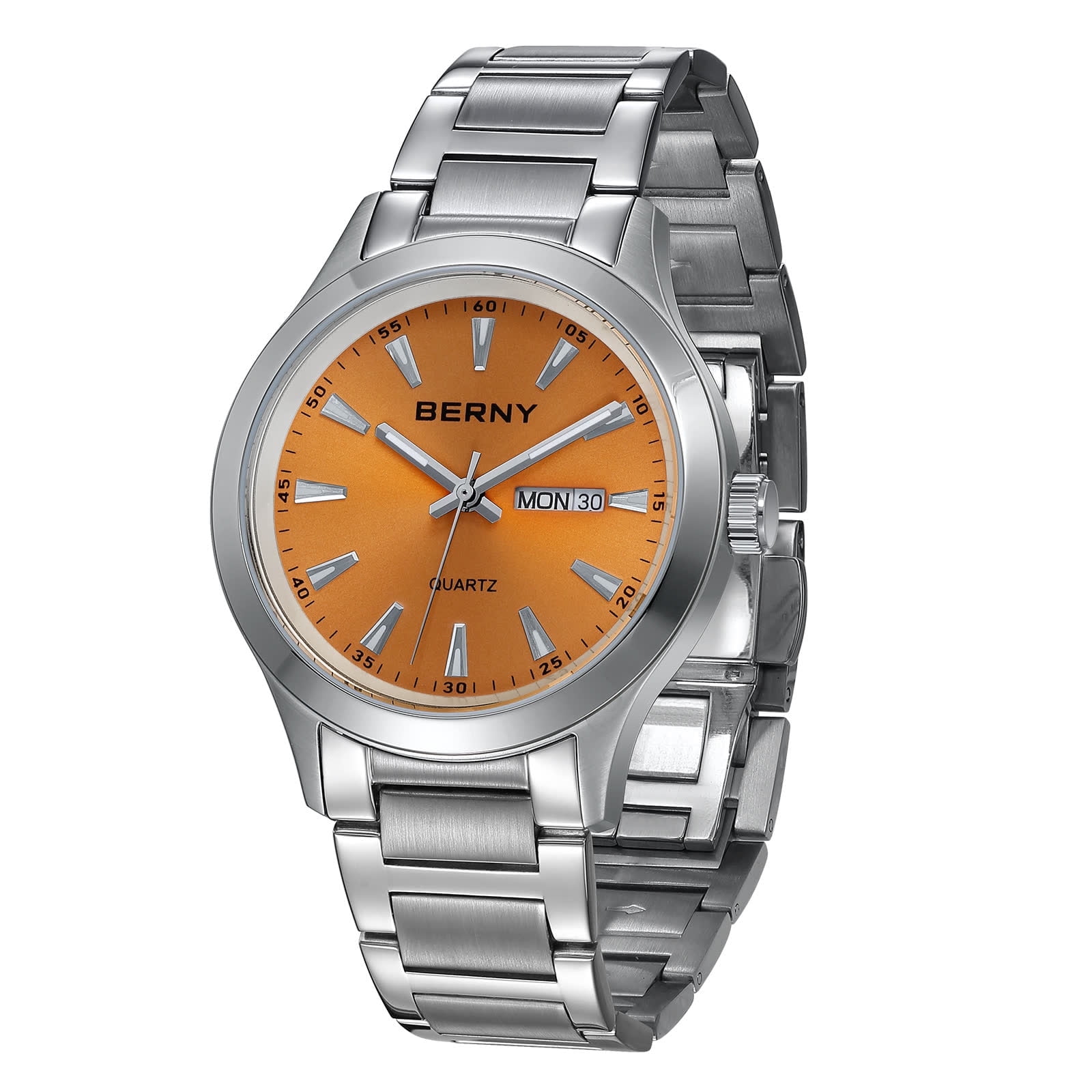 BERNY Quartz Watch for Men, Fashion Sports Wrist Watches with Solid Stainlesss Steel Case & Band, Date & Day Calendar, Casual Waterproof Men's Watches, Orange