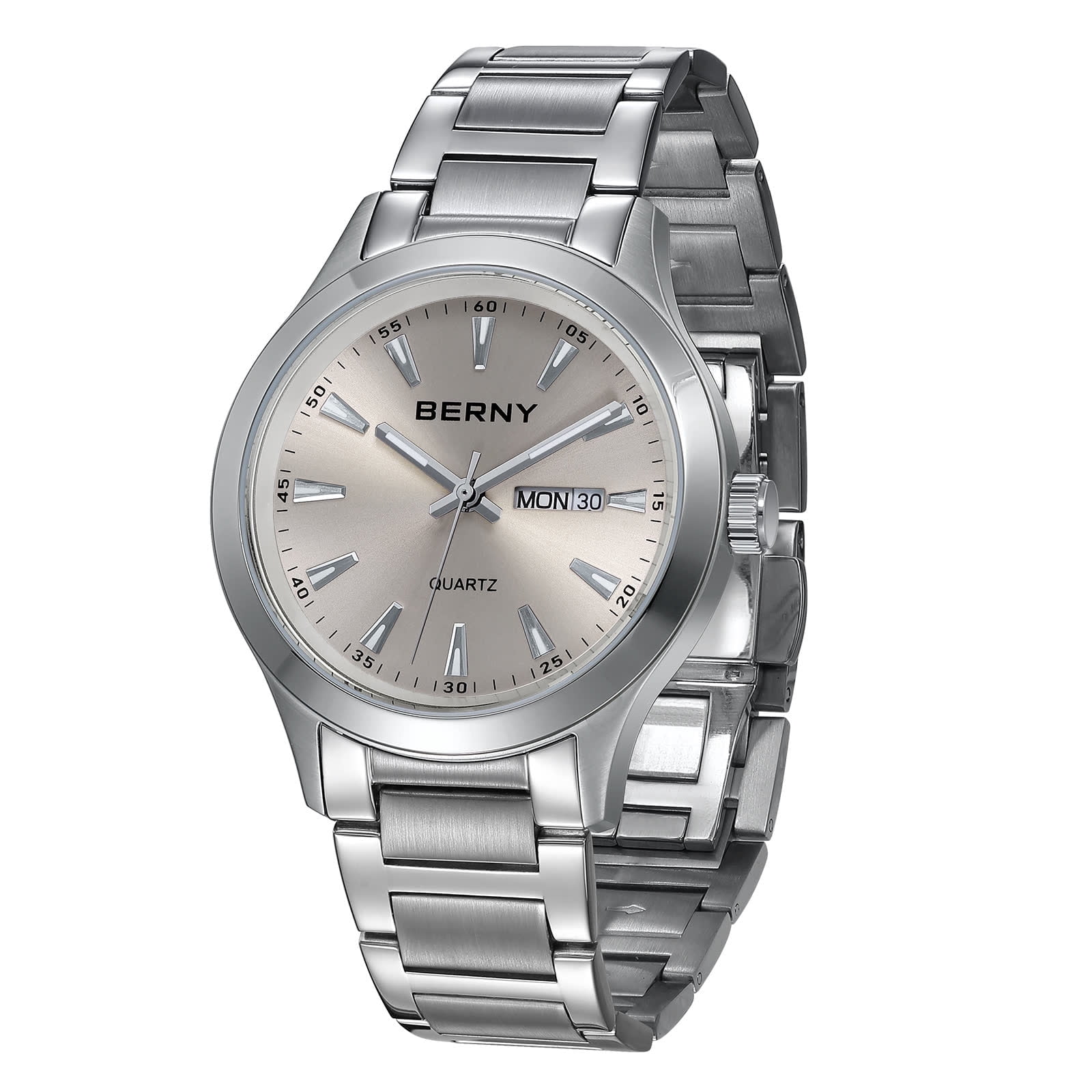 BERNY Quartz Watch for Men, Fashion Sports Wrist Watches with Solid Stainlesss Steel Case & Band, Date & Day Calendar, Casual Waterproof Men's Watches, Gray