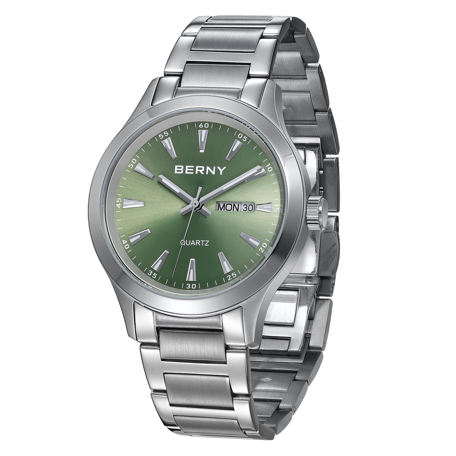 BERNY Quartz Watch for Men, Fashion Sports Wrist Watches with Solid Stainlesss Steel Case & Band, Date & Day Calendar, Casual Waterproof Men's Watches, Green