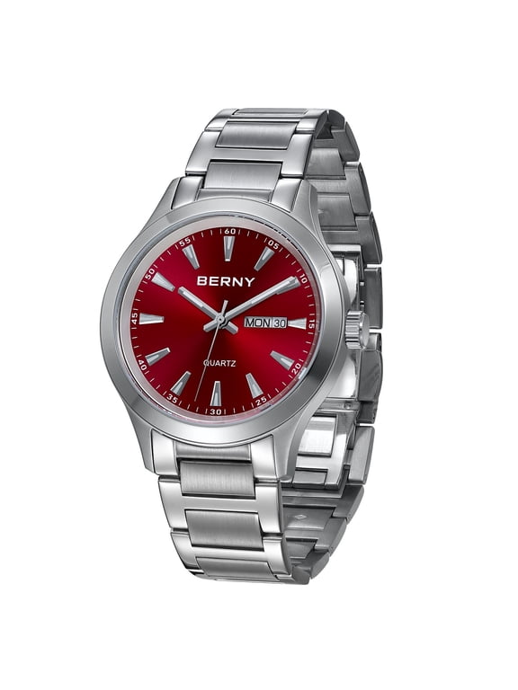 Quartz Watch for Men, Fashion Sports Wrist Watches with Solid Stainlesss Steel Case & Band, Date & Day Calendar, Casual Waterproof Men's Watches, Red