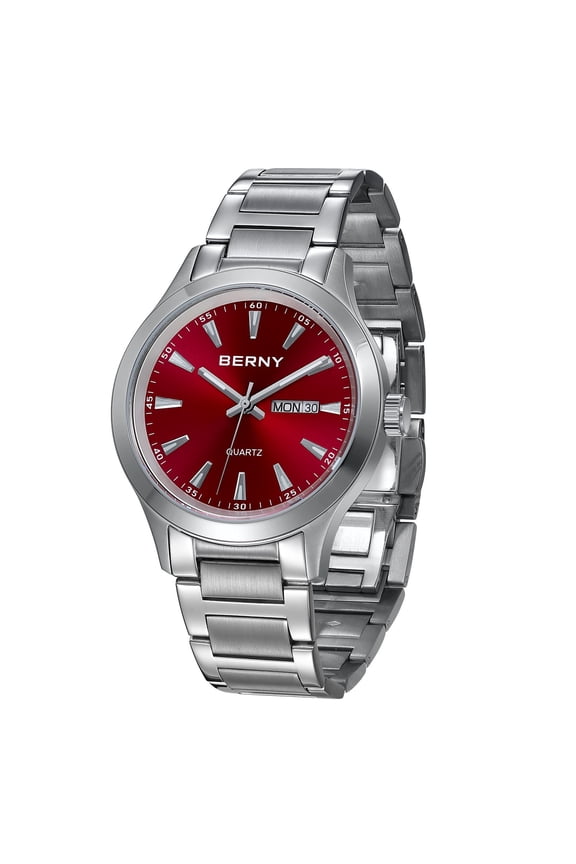 Quartz Watch for Men, Fashion Sports Wrist Watches with Solid Stainlesss Steel Case & Band, Date & Day Calendar, Casual Waterproof Men's Watches, Red