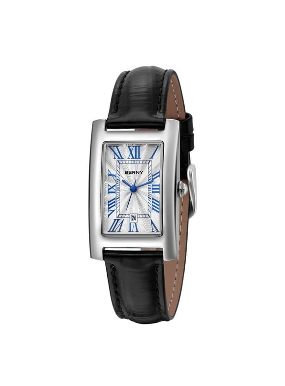 Watches for Women Vintage Rectangular Case Roman Dial Dress Leather Watch with Date Waterproof Sapphire Crystal Stainless Steel Business Ladies Analog Quartz Wrist Watch (Silver / Black)