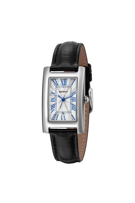 Watches for Women Vintage Rectangular Case Roman Dial Dress Leather Watch with Date Waterproof Sapphire Crystal Stainless Steel Business Ladies Analog Quartz Wrist Watch (Silver / Black)