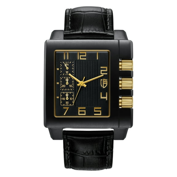 BERNY Rectangle Watch For Men Personalized Tank Wristwatch Male Fashion Business Casual Quartz Watch with Leather Strap 3ATM Waterproof-Three Multifunction Sub-dials Black Gold