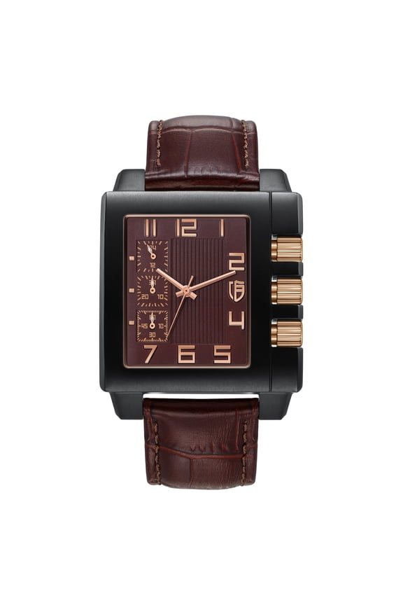 Watch For Men, Fashion Business Men Wristwatch, 3ATM Waterproof Male Quartz Watch with Rectangle Case, Leather Strap, Three Small Sub-dials (Brown)