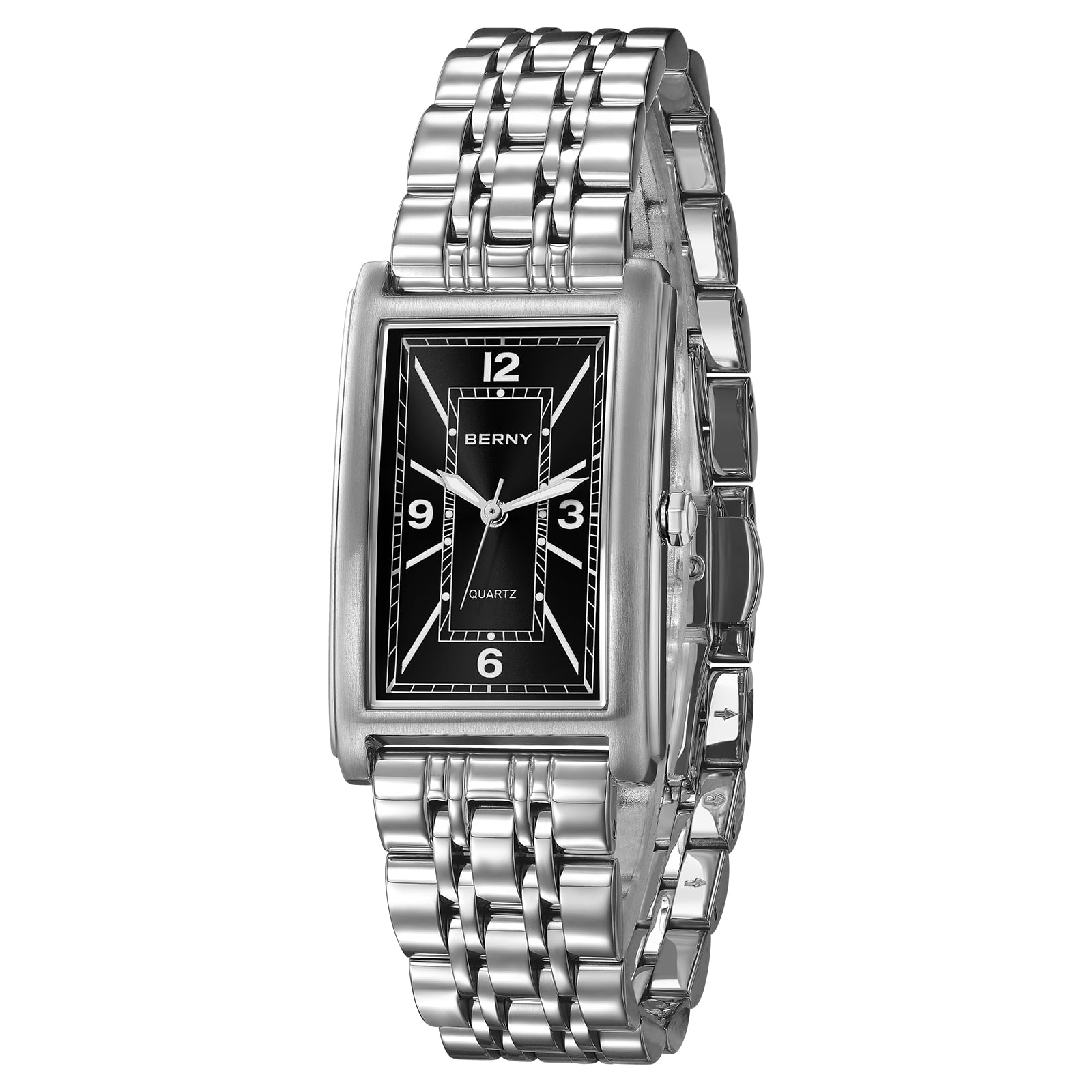 BERNY Rectangular Silver Watch for Men, Fashion Waterproof Analog Quartz Wristwatch, Stainless Steel, Luminous, Arabic Numeral, Business Dress Men's Watches (Black)