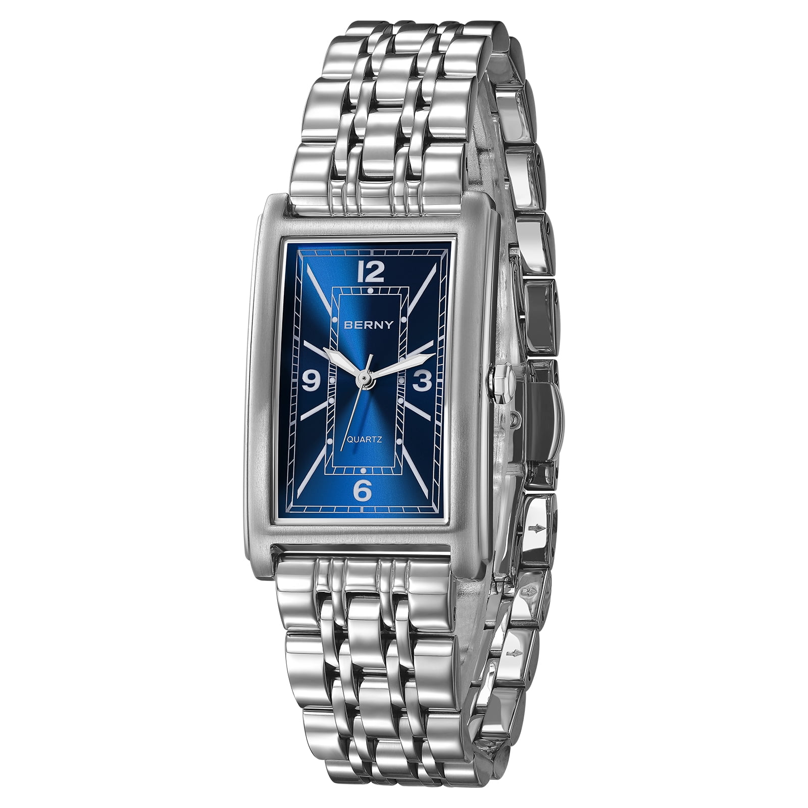 BERNY Rectangular Silver Watch for Men, Fashion Waterproof Analog Quartz Wristwatch, Stainless Steel, Luminous, Arabic Numeral, Business Dress Men's Watches (Blue)