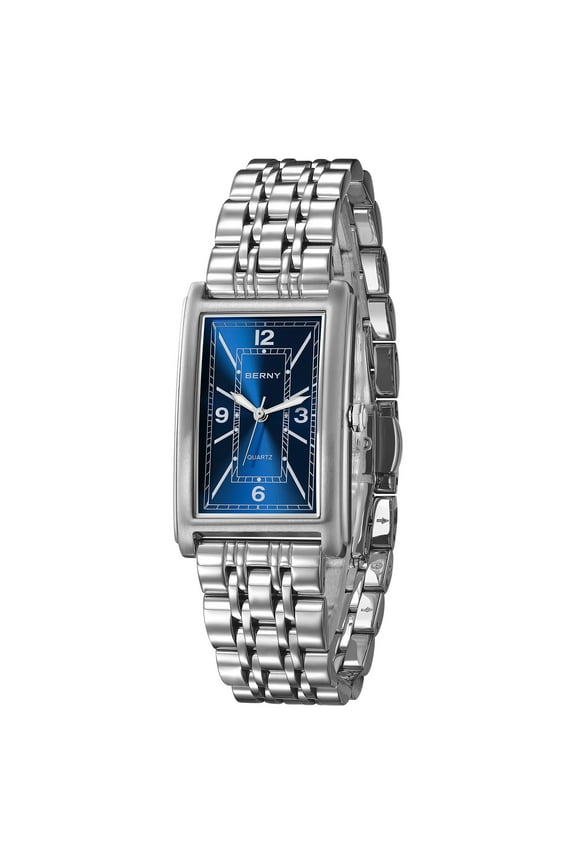 Rectangular Silver Watch for Men, Fashion Waterproof Analog Quartz Wristwatch, Stainless Steel, Luminous, Arabic Numeral, Business Dress Men's Watches (Blue)