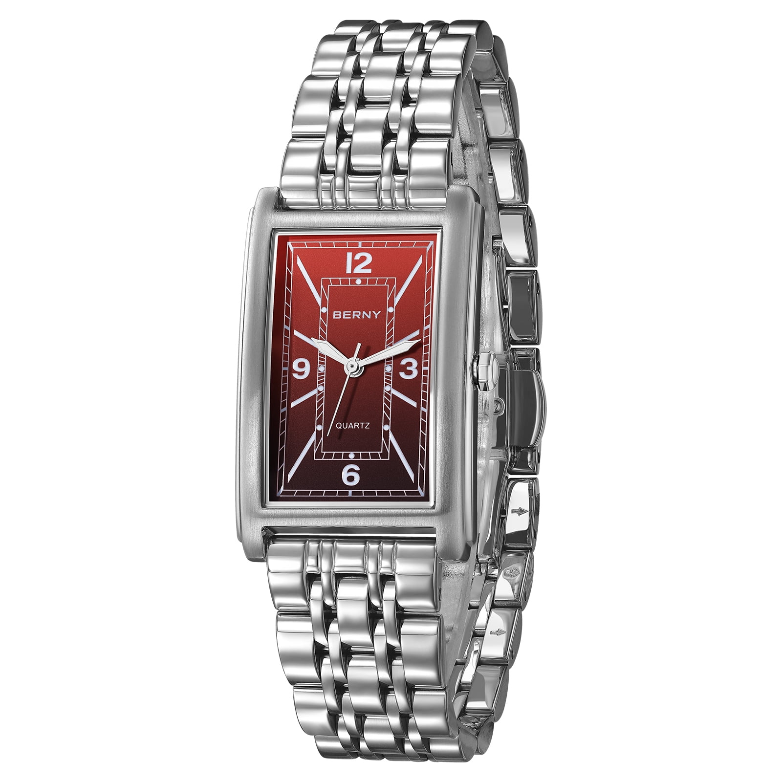 BERNY Rectangular Silver Watch for Men, Fashion Waterproof Analog Quartz Wristwatch, Stainless Steel, Luminous, Arabic Numeral, Business Dress Men's Watches (Red)
