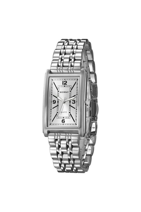 Rectangular Silver Watch for Men, Fashion Waterproof Analog Quartz Wristwatch, Stainless Steel, Luminous, Arabic Numeral, Business Dress Men's Watches (White)