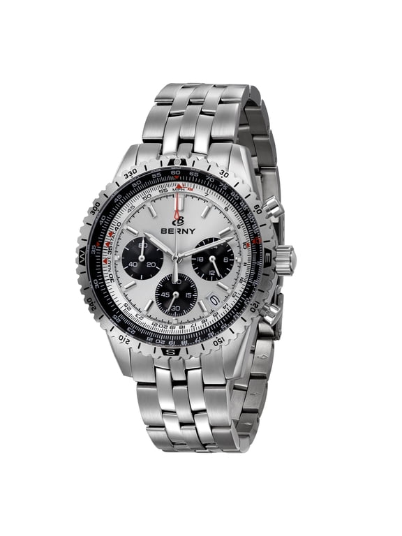 Silver Chronograph Watches for Men, Sport Luxury Analog Quartz Watch with Tachymeter, Stainless Steel, Waterproof, Luminous, Sapphire Crystal, Date Calender, Men's Wristwatch (White)