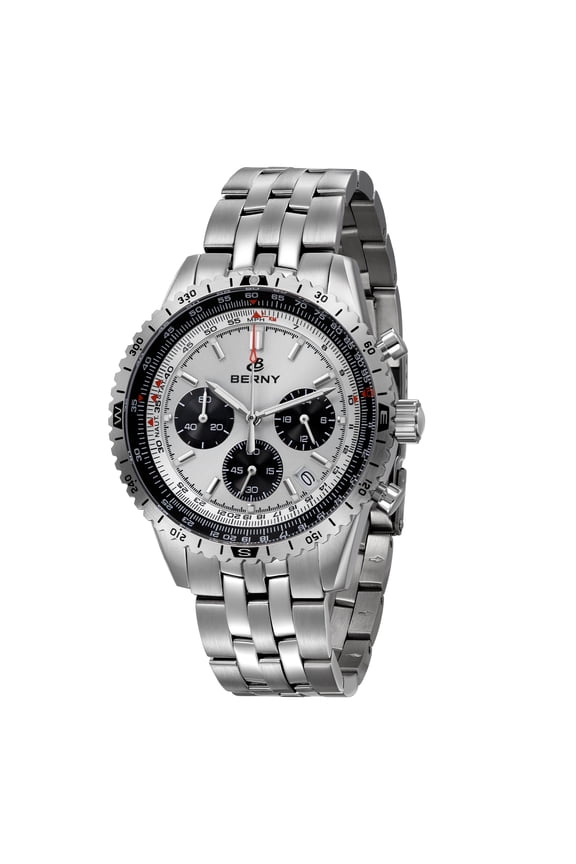 Silver Chronograph Watches for Men, Sport Luxury Analog Quartz Watch with Tachymeter, Stainless Steel, Waterproof, Luminous, Sapphire Crystal, Date Calender, Men's Wristwatch (White)