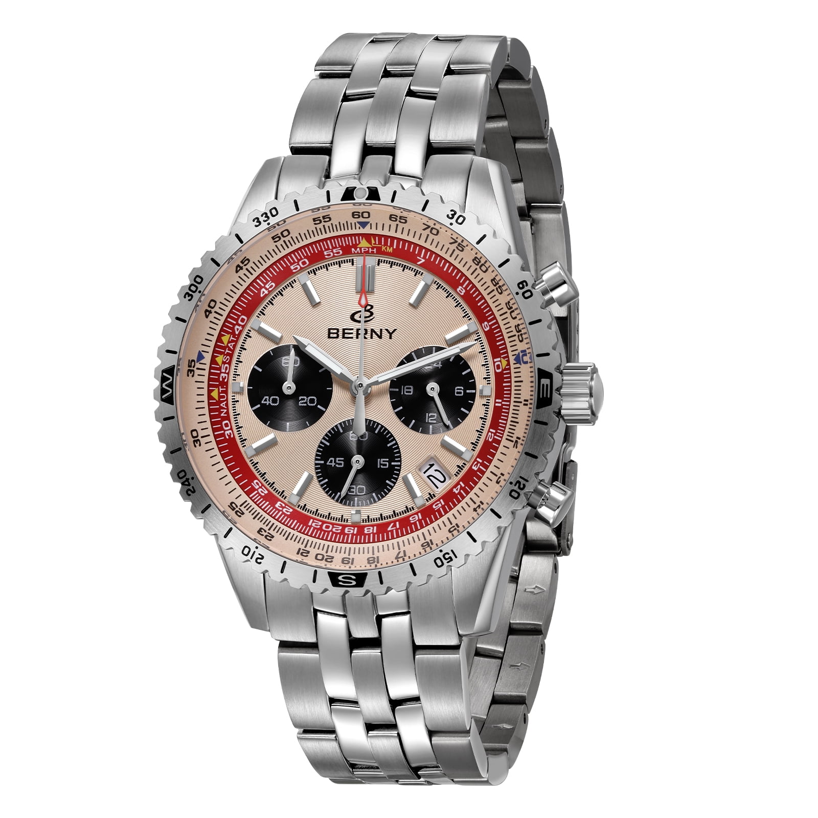 BERNY Silver Chronograph Watches for Men, Sport Luxury Analog Quartz Watch with Tachymeter, Stainless Steel, Waterproof, Luminous, Sapphire Crystal, Date Calender, Men's Wristwatch (Beige)