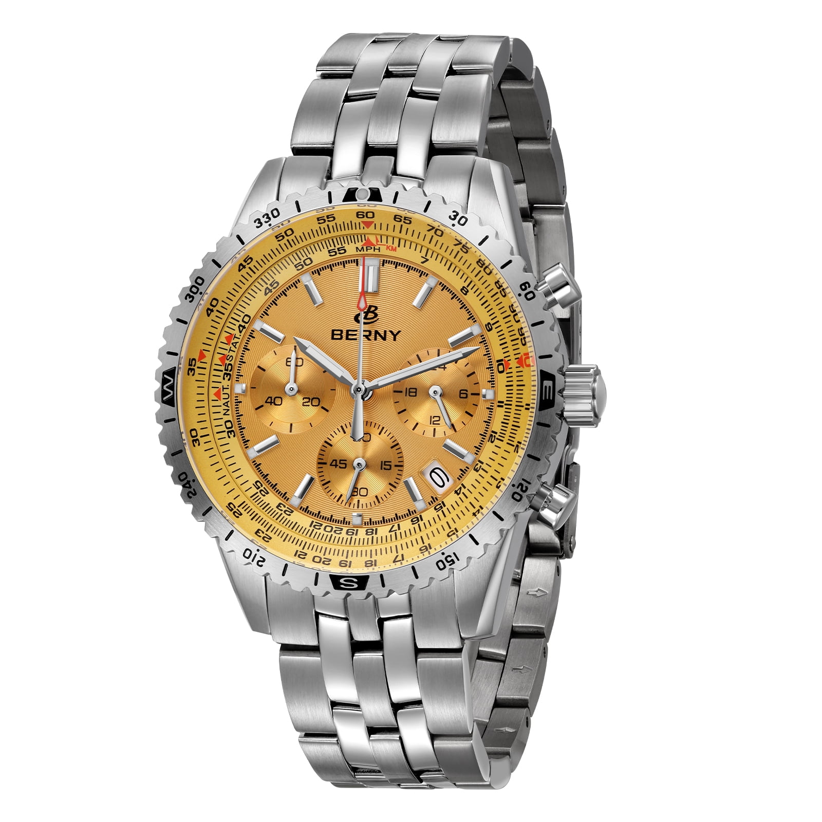 BERNY Silver Chronograph Watches for Men, Sport Luxury Analog Quartz Watch with Tachymeter, Stainless Steel, Waterproof, Luminous, Sapphire Crystal, Date Calender, Men's Wristwatch (Gold)