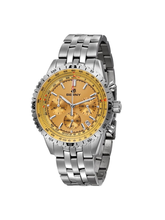 Silver Chronograph Watches for Men, Sport Luxury Analog Quartz Watch with Tachymeter, Stainless Steel, Waterproof, Luminous, Sapphire Crystal, Date Calender, Men's Wristwatch (Gold)