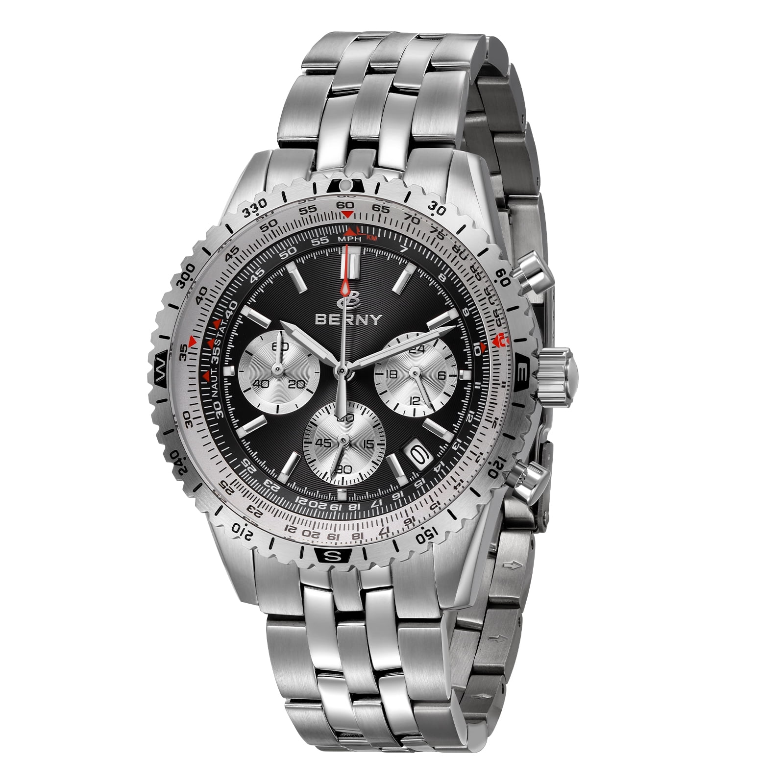 BERNY Silver Chronograph Watches for Men, Sport Luxury Analog Quartz Watch with Tachymeter, Stainless Steel, Waterproof, Luminous, Sapphire Crystal, Date Calender, Men's Wristwatch (Black)