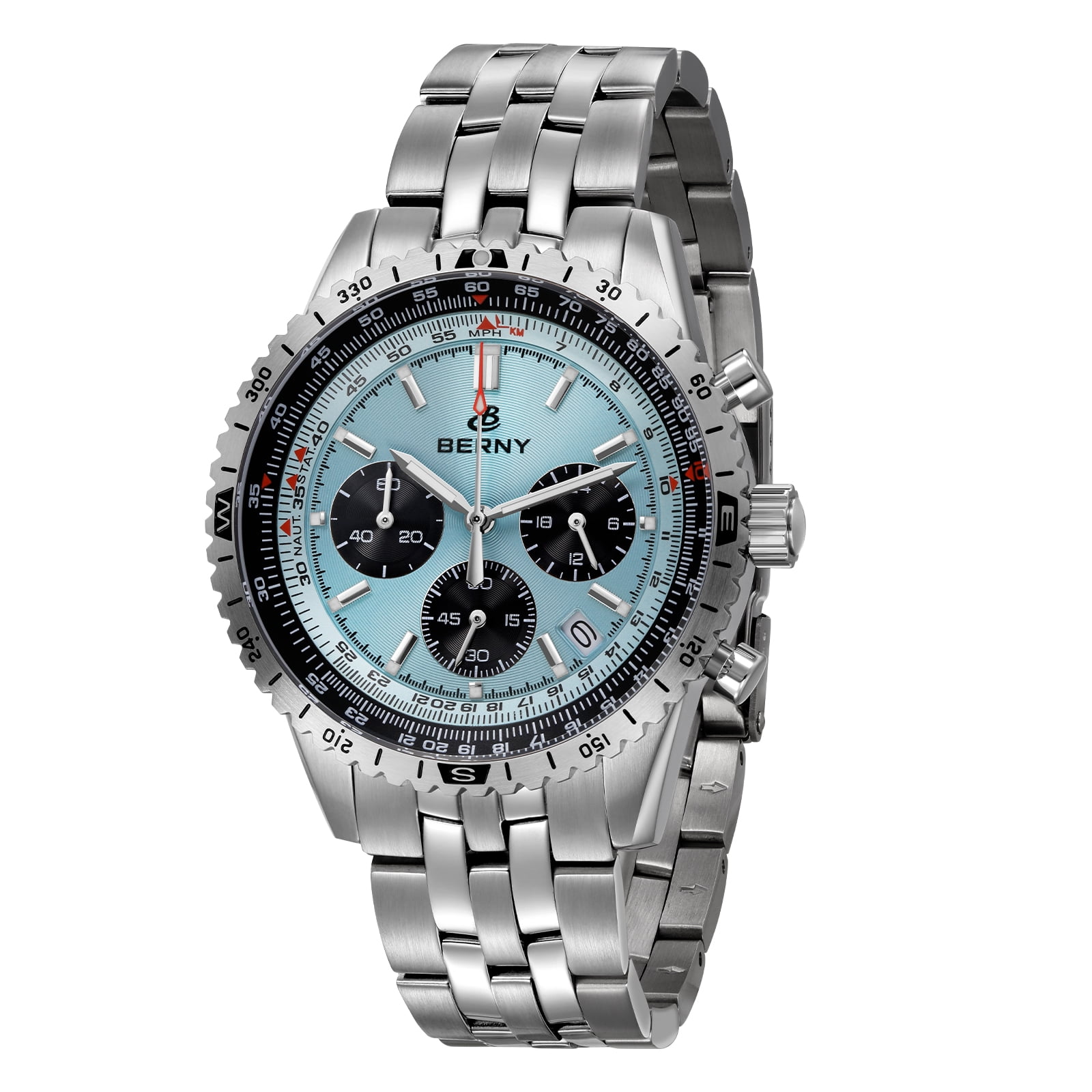 BERNY Silver Chronograph Watches for Men, Sport Luxury Analog Quartz Watch with Tachymeter, Stainless Steel, Waterproof, Luminous, Sapphire Crystal, Date Calender, Men's Wristwatch (Light Blue)