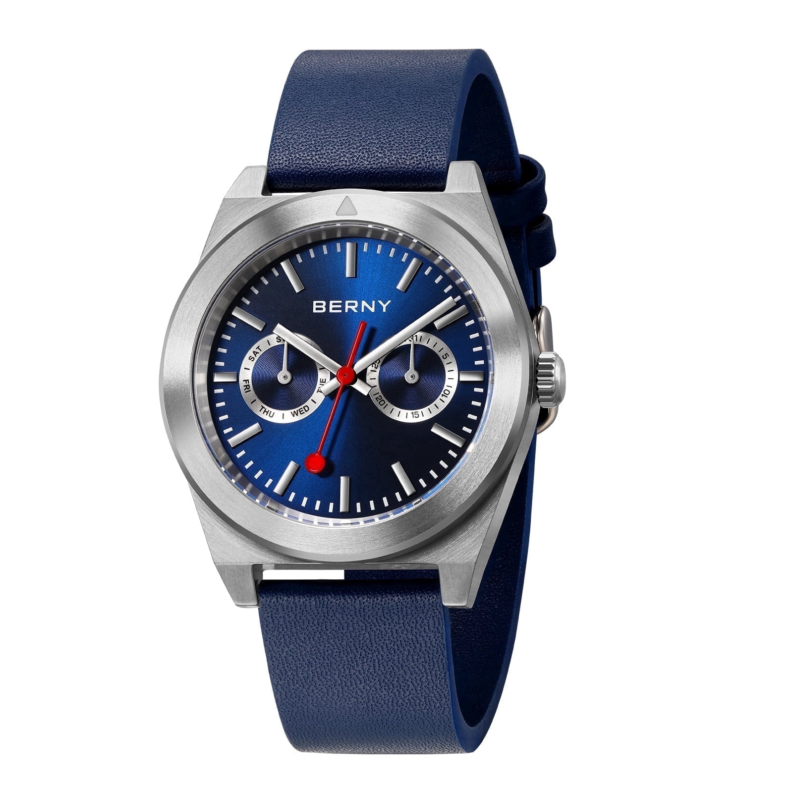 BERNY Silver Watch for Men, Classic Vintage Quartz Analog Watch with Day & Date Calendar, Leather Strap, Stainless Steel, Luminous, Waterproof, Fashion Sport Casual Men's Wrist Watches (Blue)