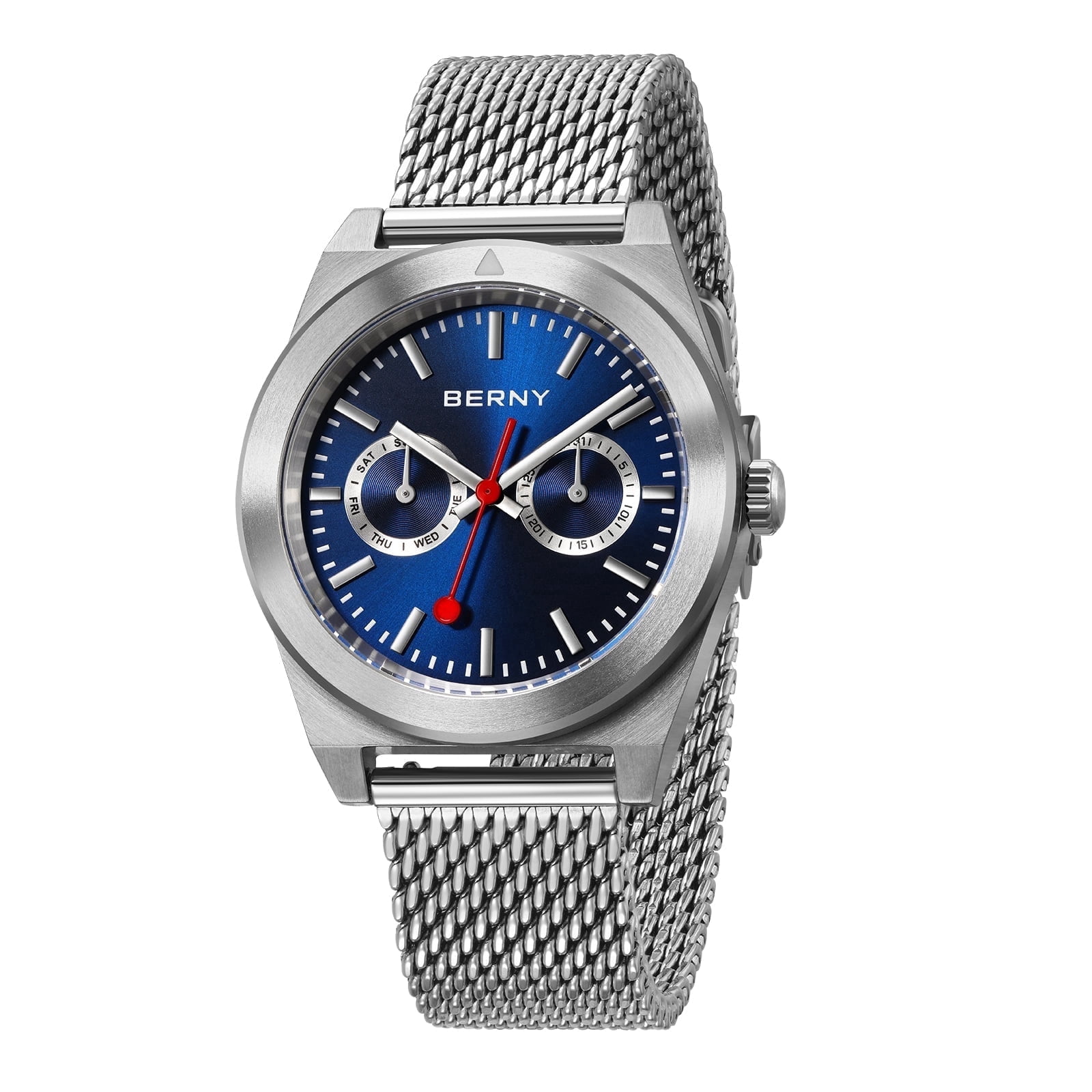 BERNY Silver Watch for Men, Classic Vintage Quartz Analog Watch with Day & Date Calendar, Stainless Steel Mesh Band, Luminous, Waterproof, Fashion Sport Casual Men's Wrist Watches (Blue)