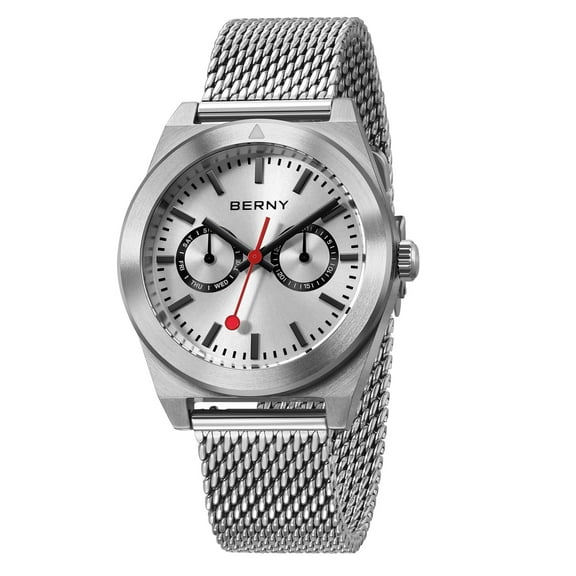 BERNY Silver Watch for Men, Classic Vintage Quartz Analog Watch with Day Date, Stainless Steel Mesh Band, Luminous, Waterproof, Fashion Sport Casual Men's Wrist Watches (White)