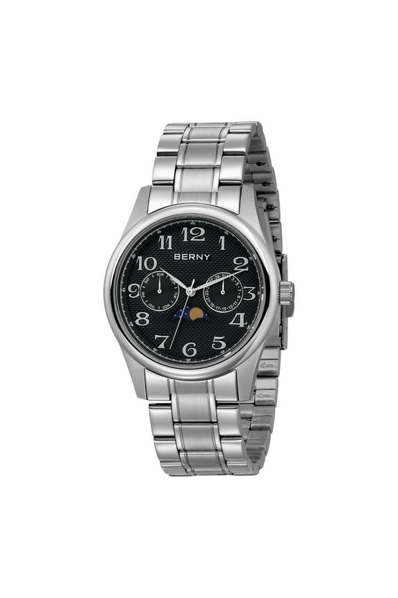 Silver Watch for Men, MultiFunction Analog Quartz Moon Phase Watch with Day Date, Stainless Steel, Easy to Read, Waterproof Dress Men's Wrist Watches (Black)