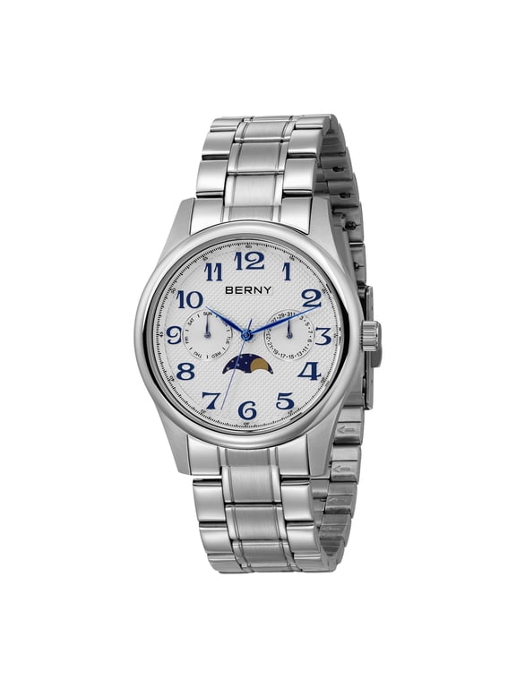 Silver Watch for Men, Fashion Moon Phase Watches with Arabic Numerals Dial, Date Day Calendar, 3ATM Waterproof, Classic Business Quartz Analog Mens Wristwatch, White