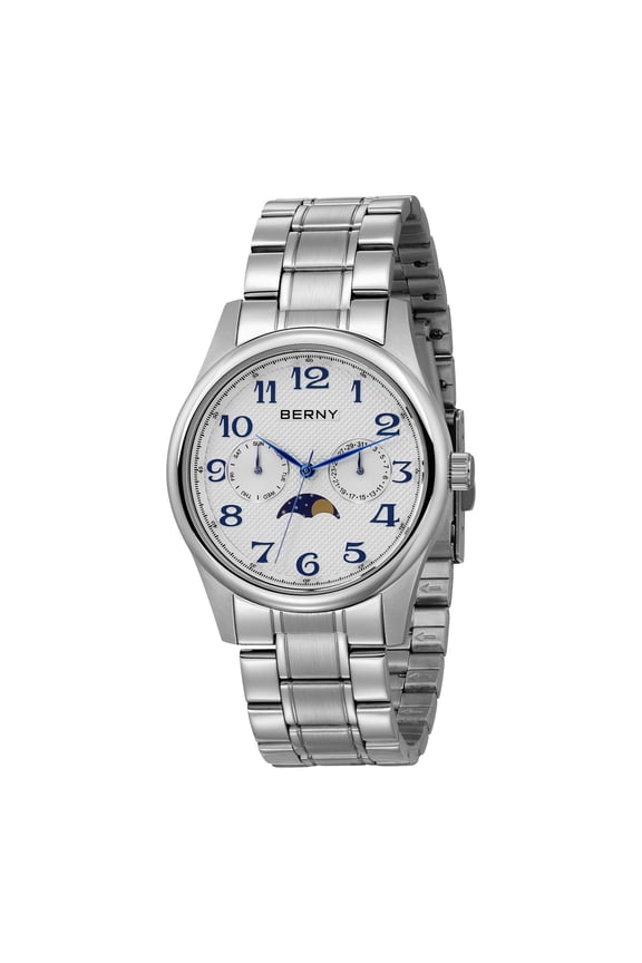 Silver Watch for Men, Fashion Moon Phase Watches with Arabic Numerals Dial, Date Day Calendar, 3ATM Waterproof, Classic Business Quartz Analog Mens Wristwatch, White