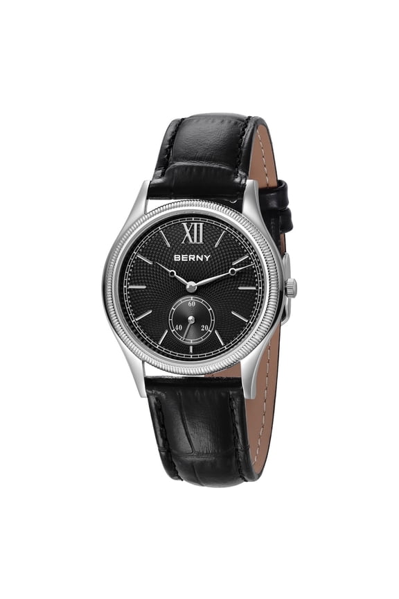 Silver Watch for Men, Ultra-Thin Minimalist Leather Watch, Stainless Steel Case, Waterproof Analog Quartz Watch, Business Dress Watches with Small Seconds (Black)